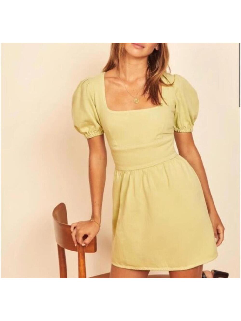 Reformation gables puff sleeve mini dress denim avocado green size 6